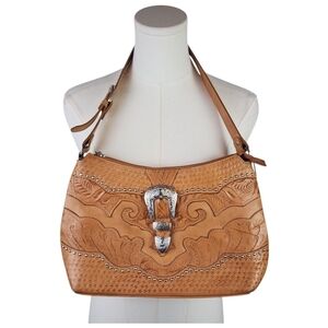 American West Tooled Leather Western Shoulder Bag Studded Buckle Charm